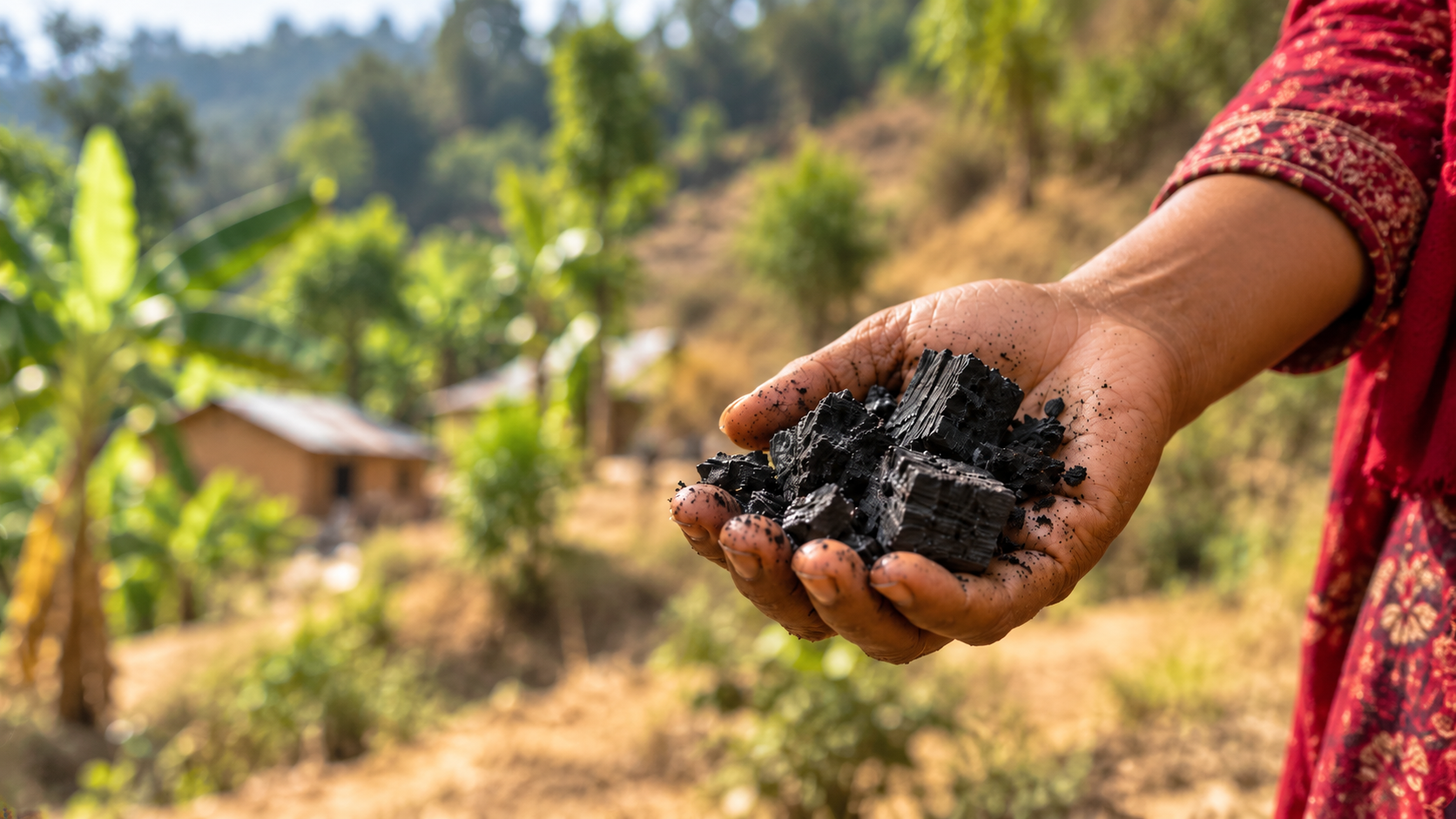 Charcoal in a sunlit working hand in rural Nepal